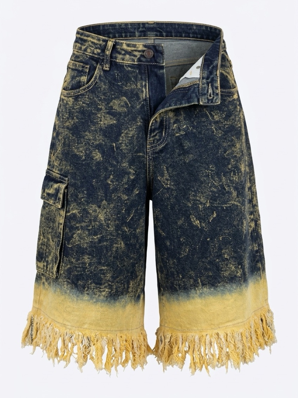 Frayed Hem Dip-Dye Cargo Denim Shorts - Yellow/Black